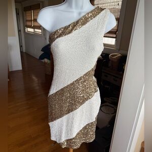 Elegant Bebe One-Shoulder Sequin Dress NYE, sparkly, small